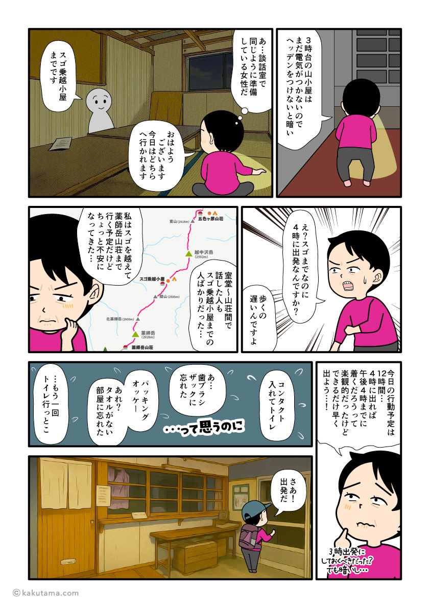 北アルプス、五色ヶ原山荘に宿泊し、登山の準備を始める登山者の漫画とイラスト