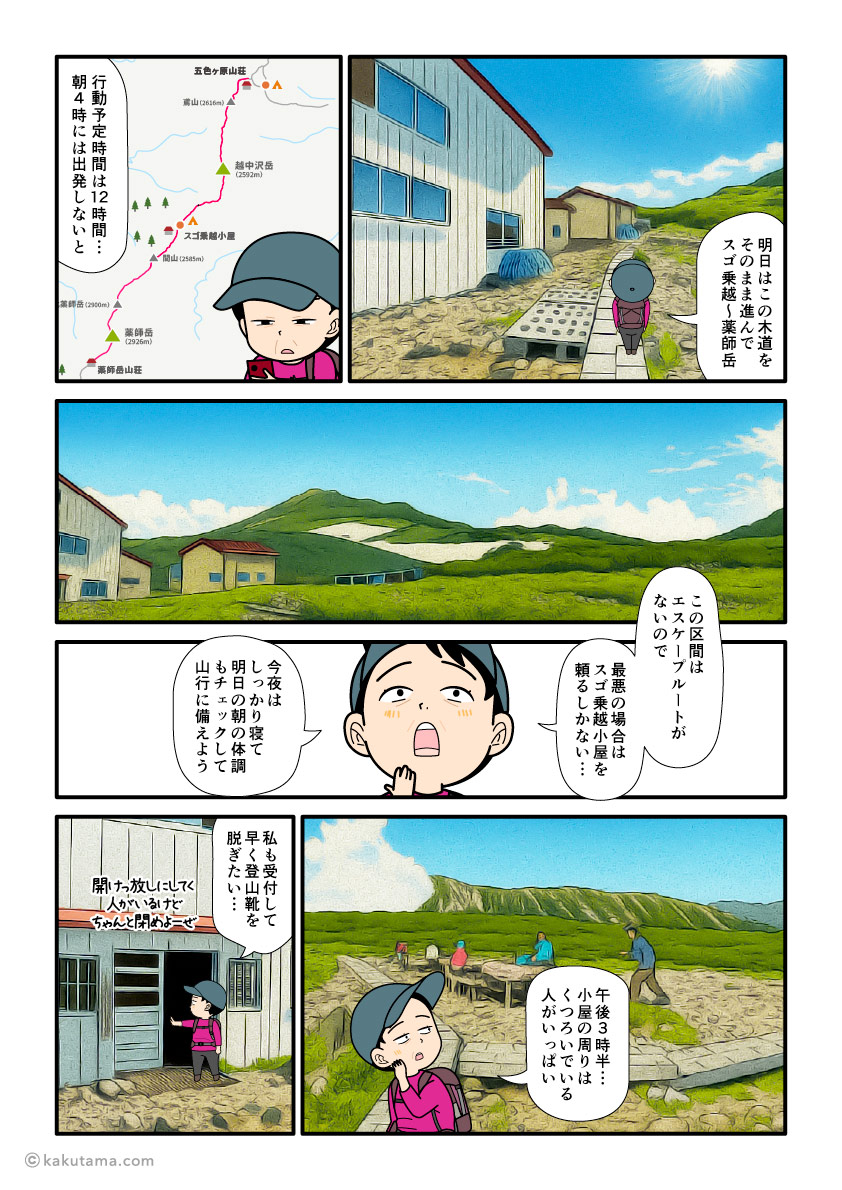北アルプス、五色ヶ原山荘に到着した登山者の漫画とイラスト