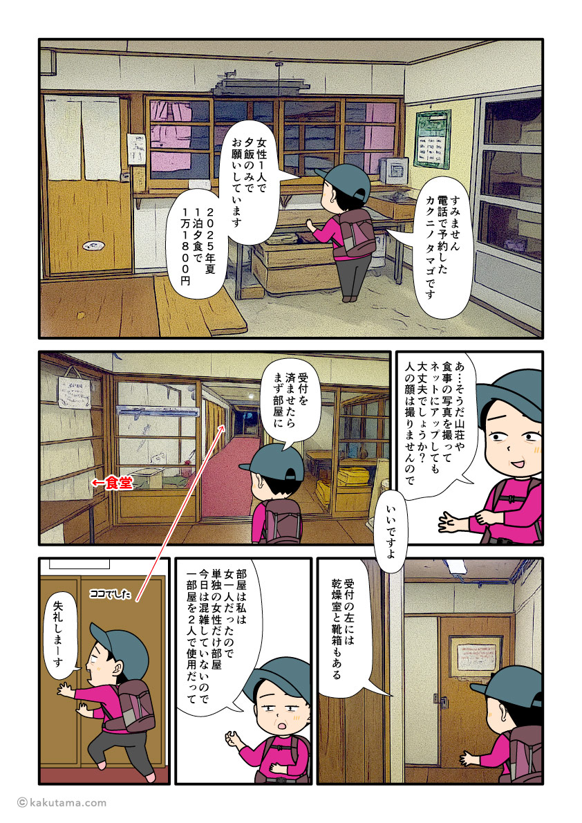 北アルプス、五色ヶ原山荘に到着し山荘内に入った登山者の漫画とイラスト