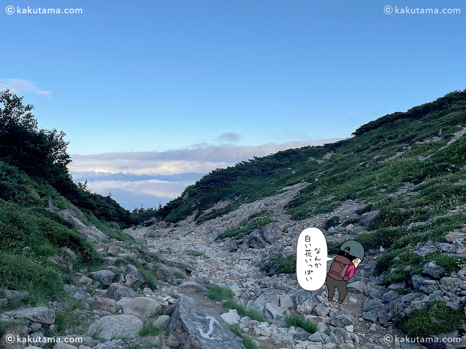 薬師岳山荘から薬師峠への登山道の写真と登山者のイラスト