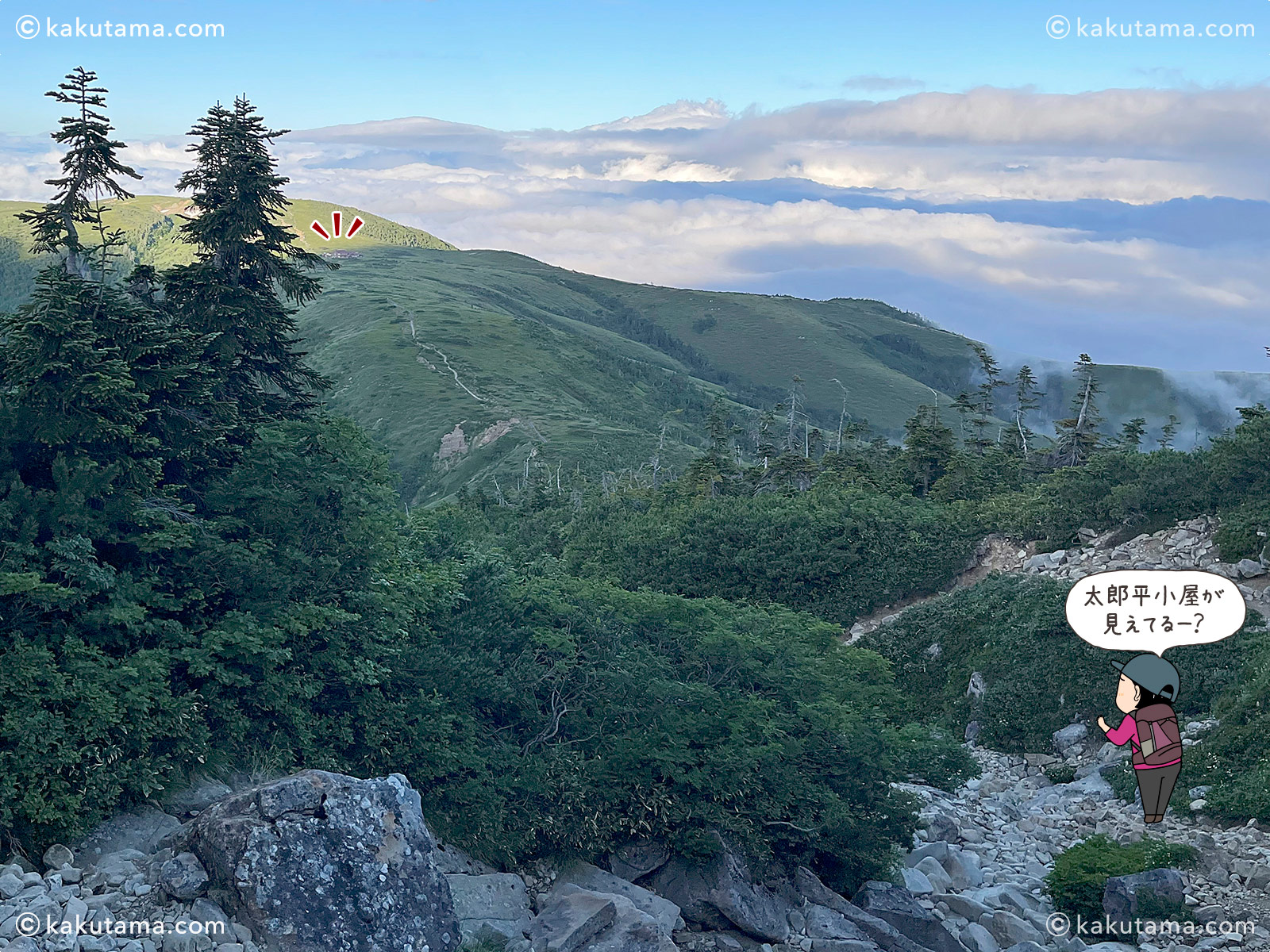 登山道から太郎平小屋を見下ろす写真と登山者のイラスト