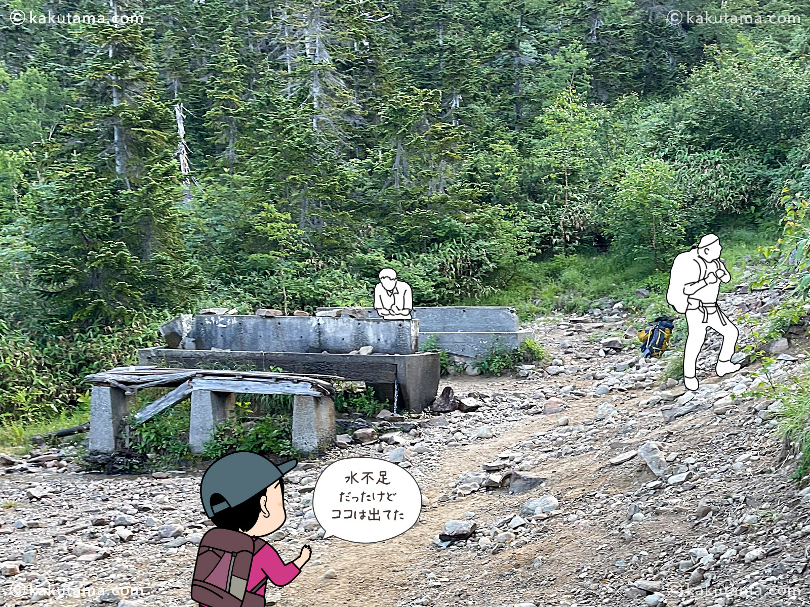 北アルプス、薬師峠キャンプ場の水場の写真と登山者のイラスト