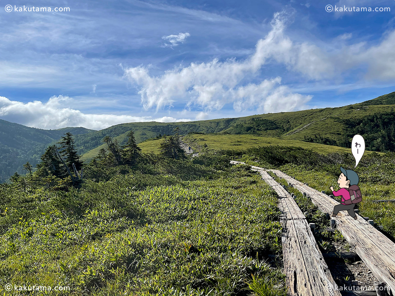 北アルプス、太郎平小屋から折立への登山道の写真と登山者のイラスト