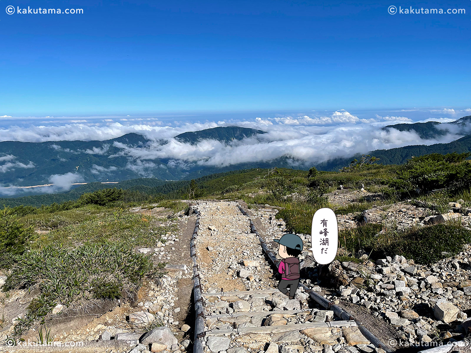北アルプス、太郎平小屋から折立への登山道から見下ろした有峰湖の写真と登山者のイラスト