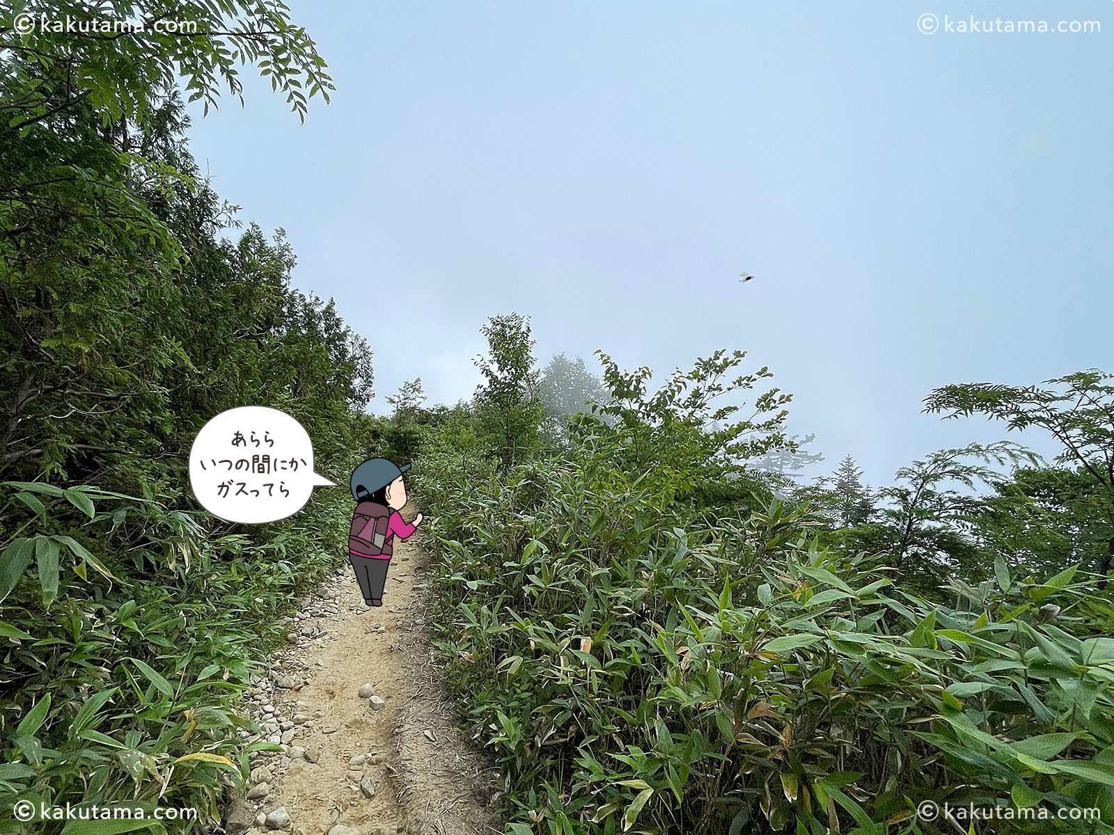 北アルプス、太郎平小屋から折立へ下山していく途中で見た空の写真と登山者のイラスト