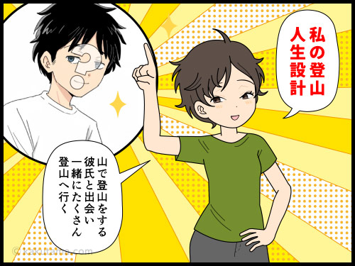 自分の登山人生計画を語る登山者の４コマ漫画