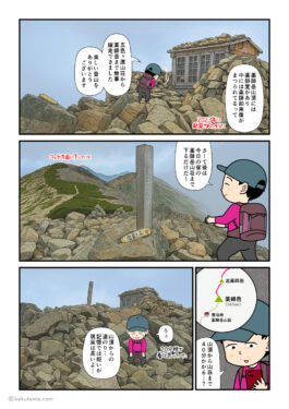 北アルプス、薬師岳山頂の祠にお参りする登山者の漫画とイラスト