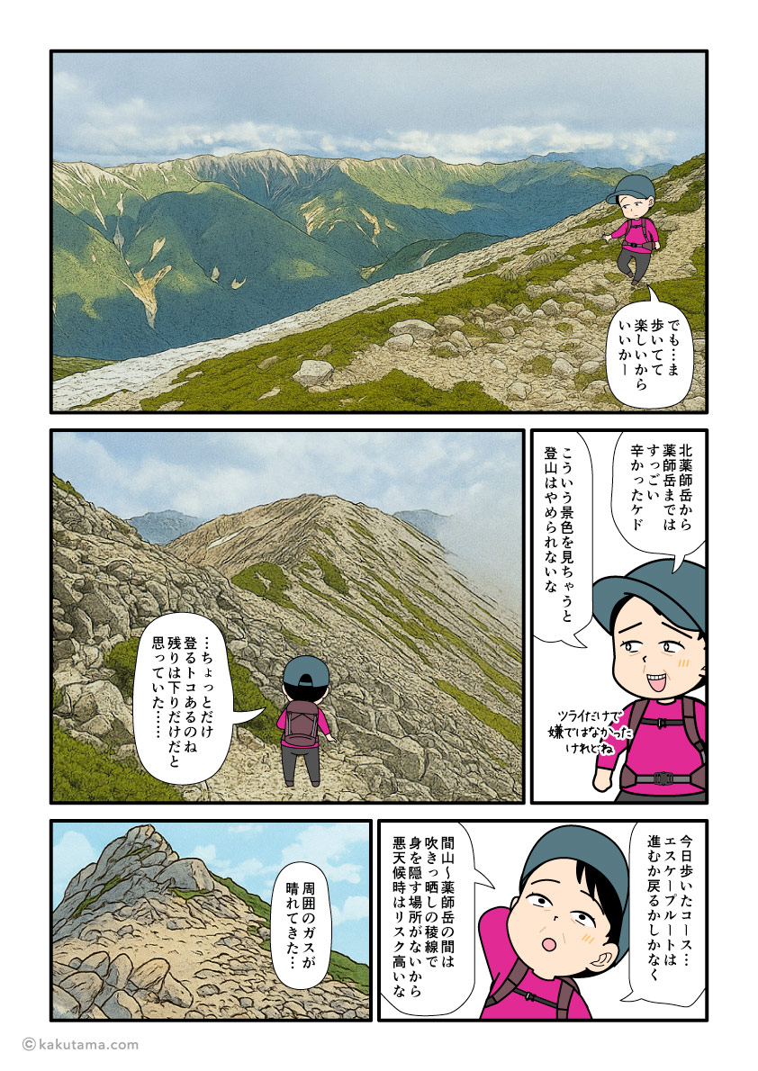 薬師岳山頂から薬師岳山荘へ向かって下山する登山者の漫画とイラスト