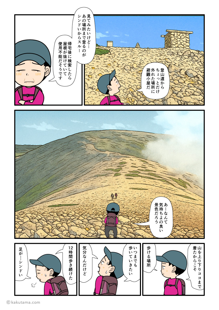 薬師岳山頂から薬師岳山荘へ向かって下山する登山者の漫画とイラスト