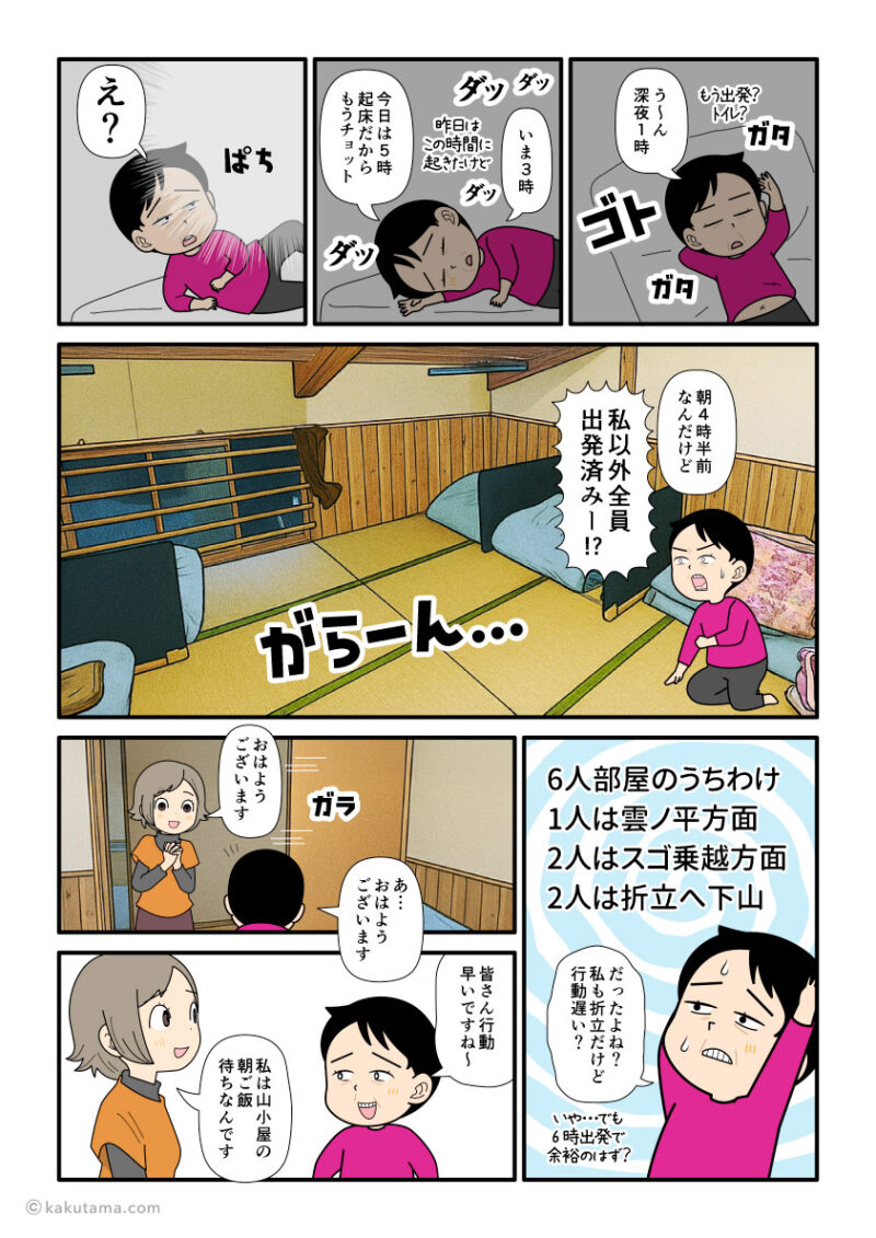 北アルプス、薬師岳山荘に泊まった翌日の登山者の漫画