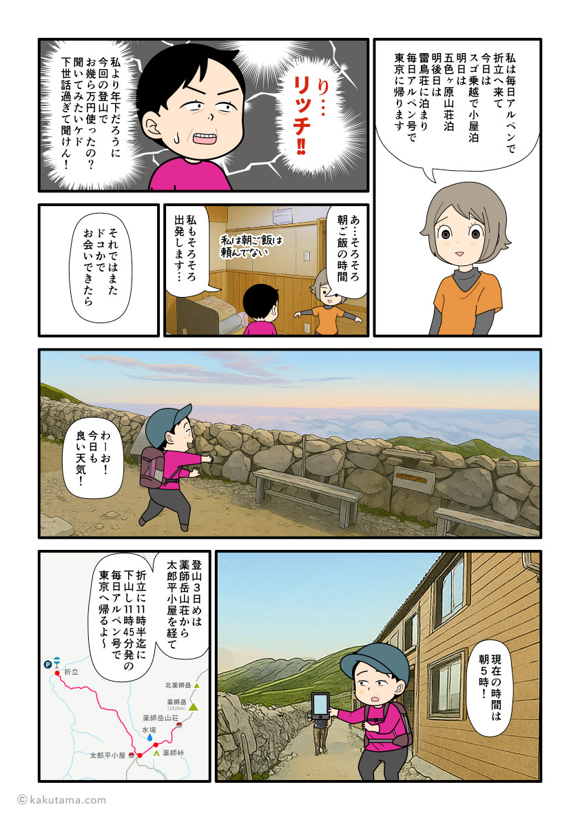北アルプス、薬師岳山荘から折立へ向かって出発する登山者の漫画
