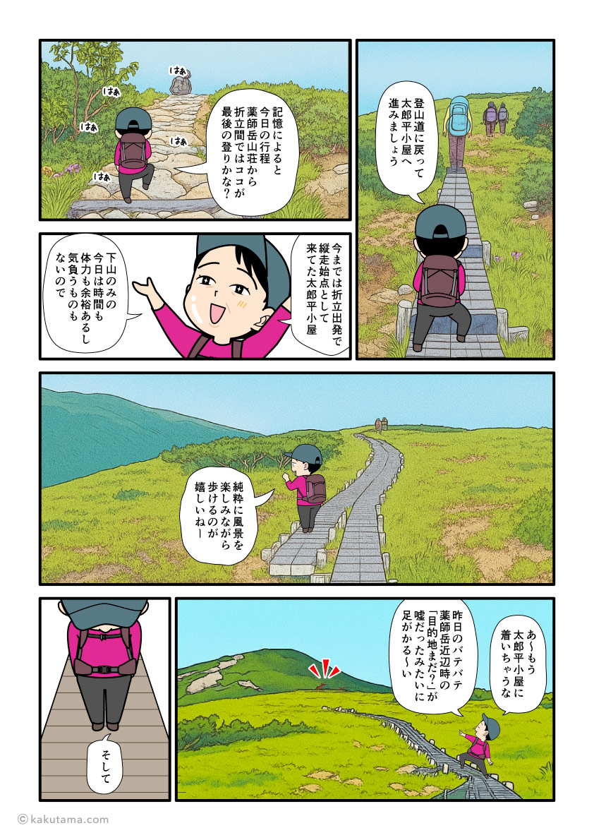 北アルプス、薬師峠キャンプ場から太郎平小屋へ向かって歩く登山者の漫画