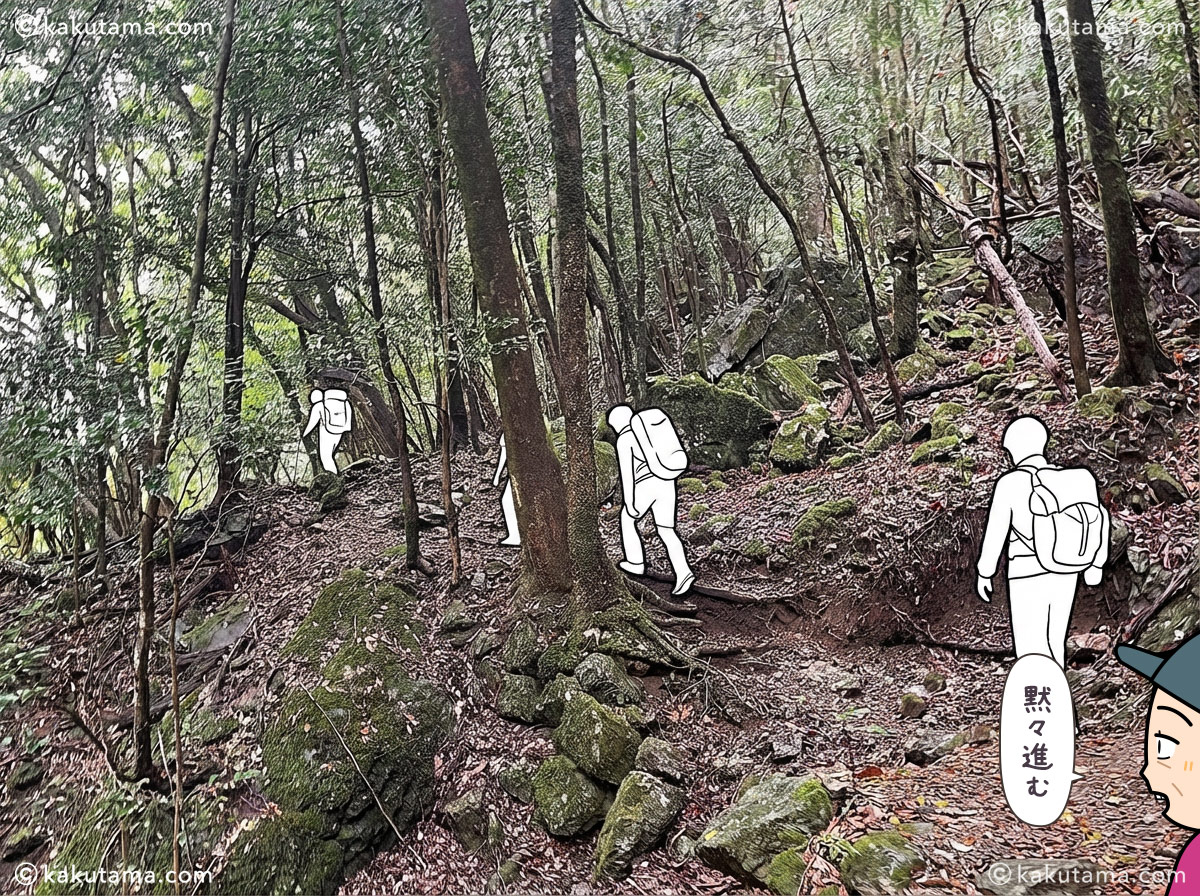 大杉谷の登山道の写真と登山者のイラスト