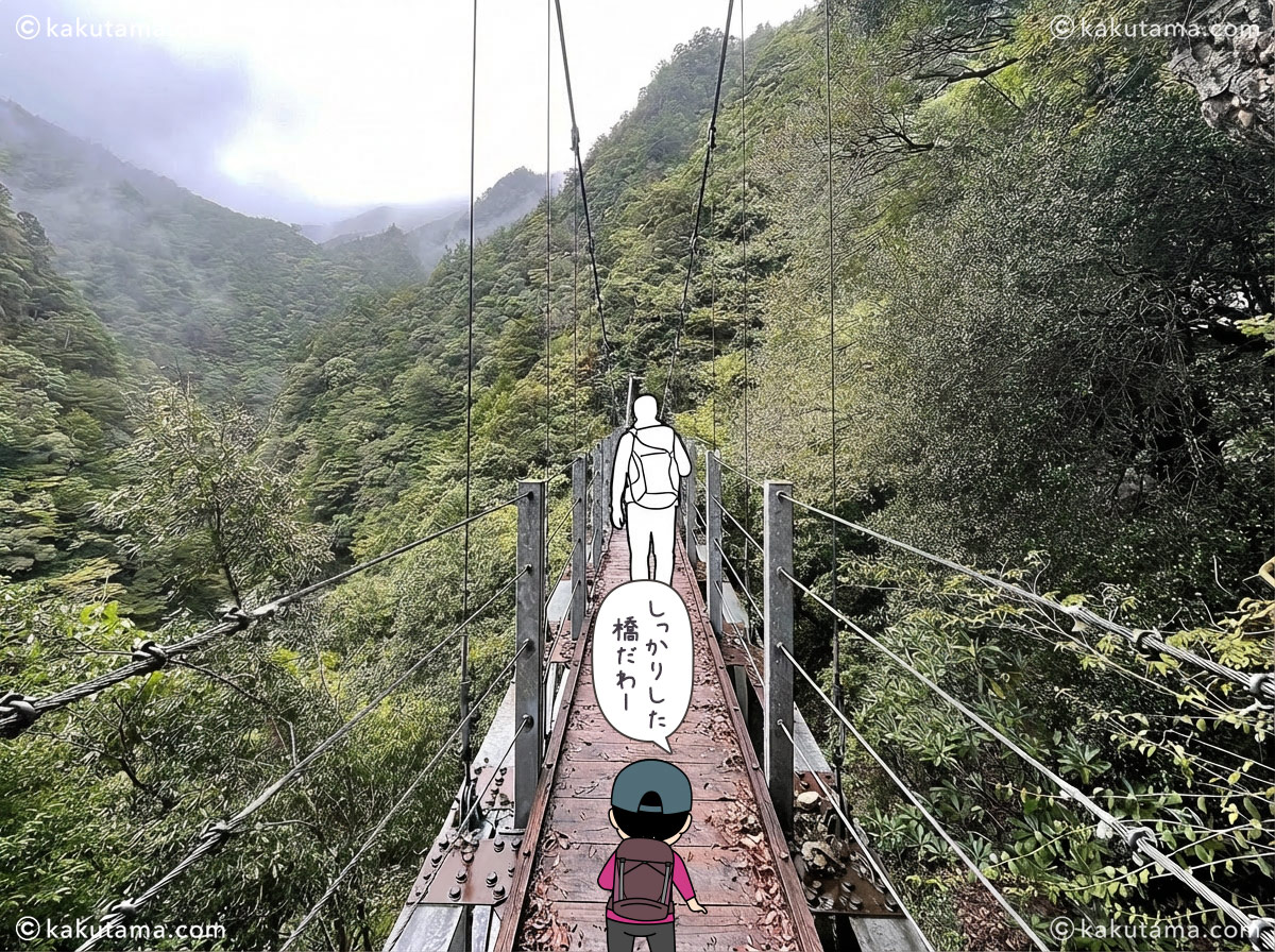 大杉谷日浦杉吊橋の写真と登山者のイラスト