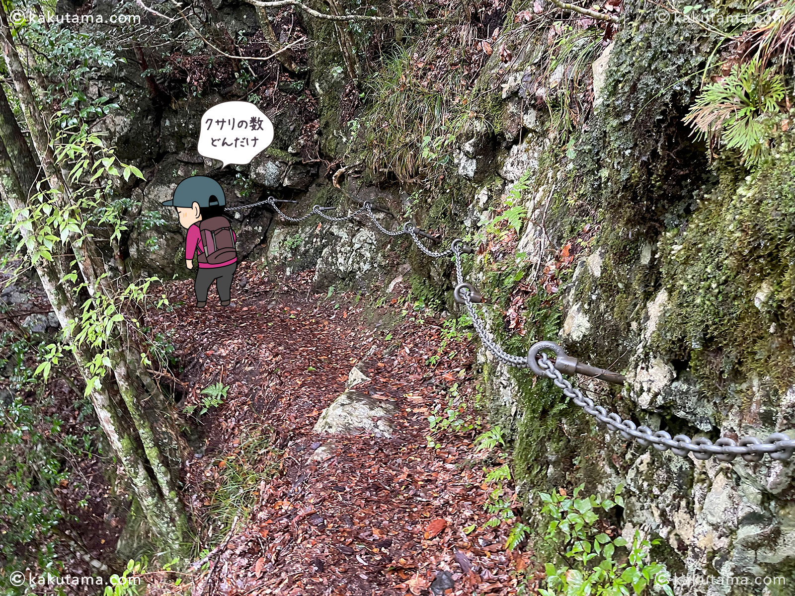 大杉谷の鎖場の写真と登山者のイラスト