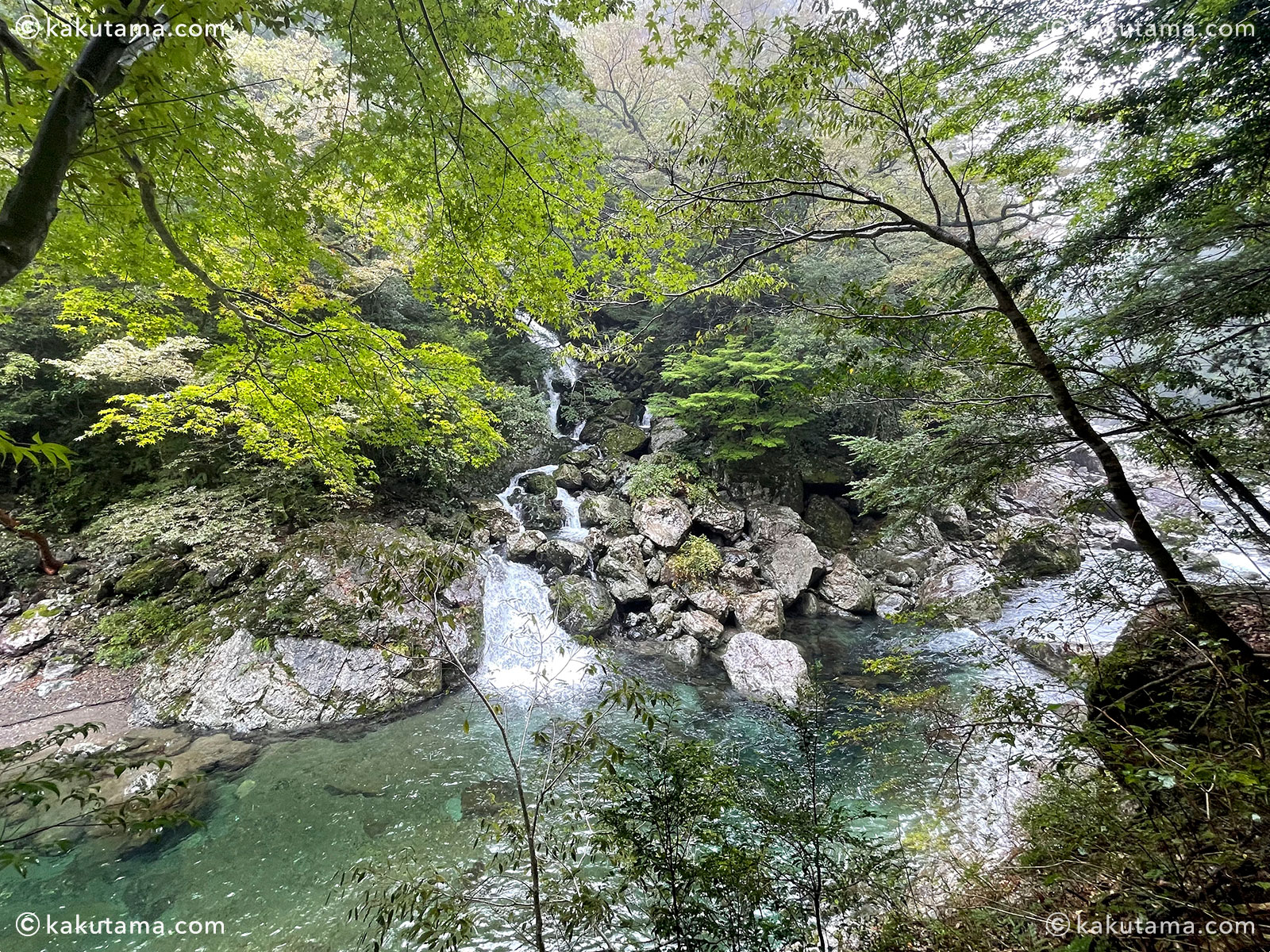 大杉谷の川の写真と登山者のイラスト
