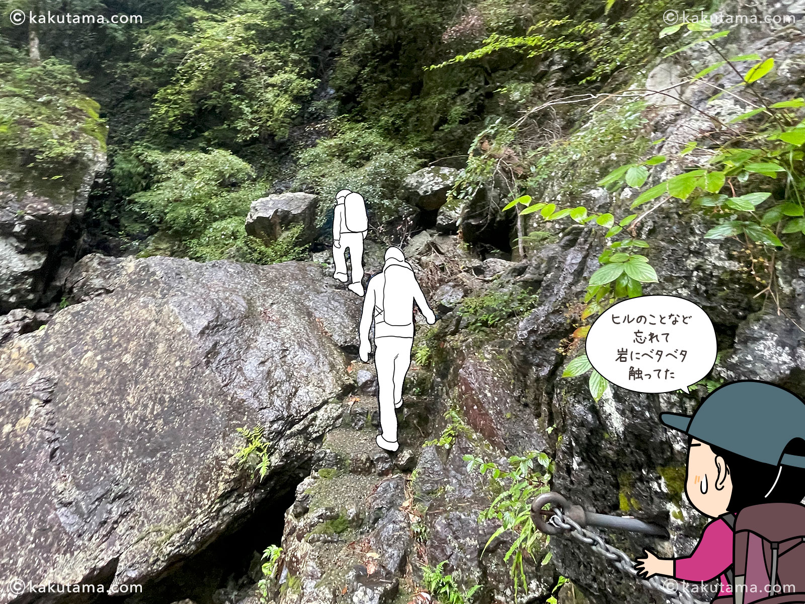 大杉谷、シシ渕沿いの登山道の写真と登山者のイラスト