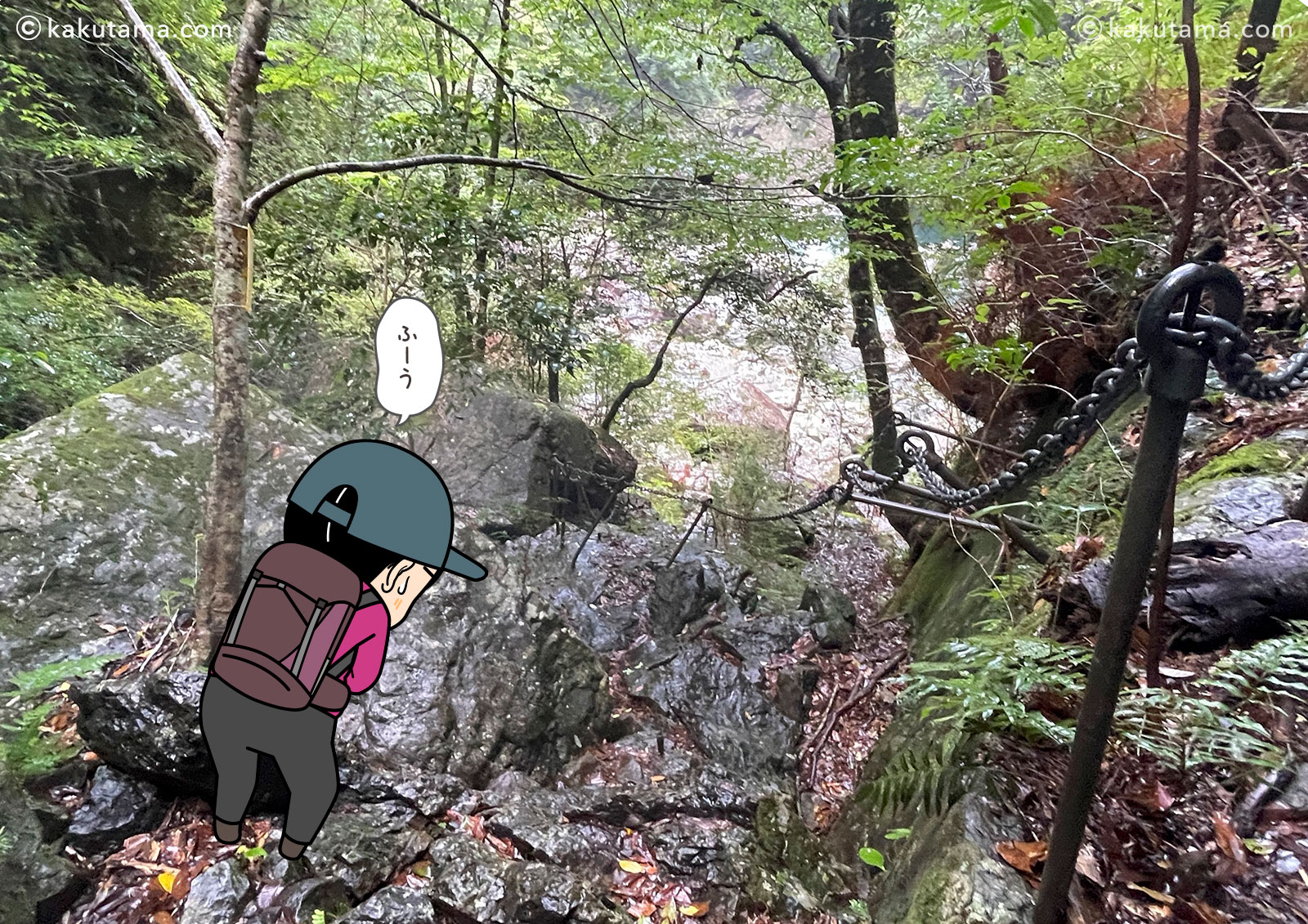 三重県・大杉谷のシシ渕近くの登山道の写真と登山者のイラスト