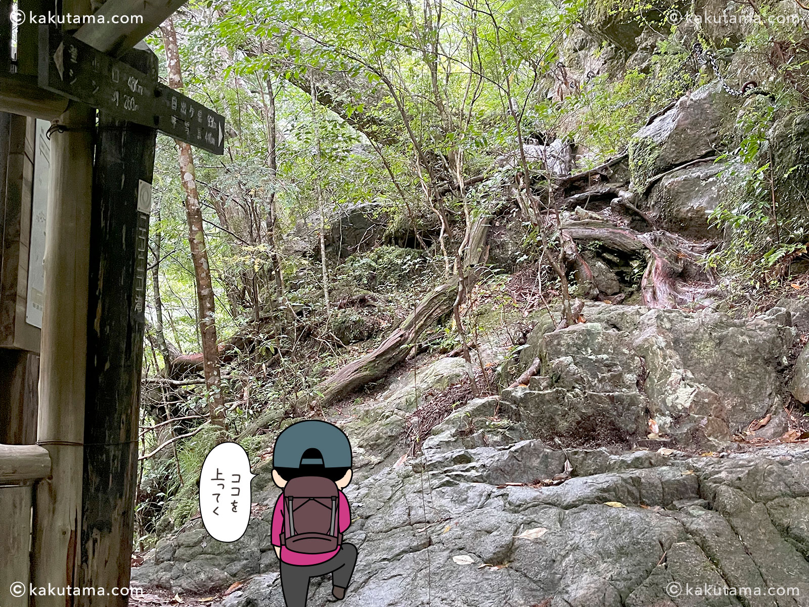 三重県・大杉谷のニコニコ滝近くの休憩所の写真と登山者のイラスト