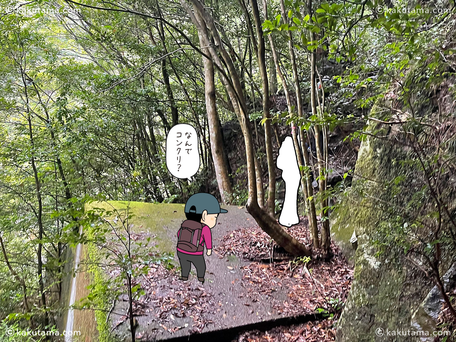 三重県・大杉谷の登山道の写真と登山者のイラスト