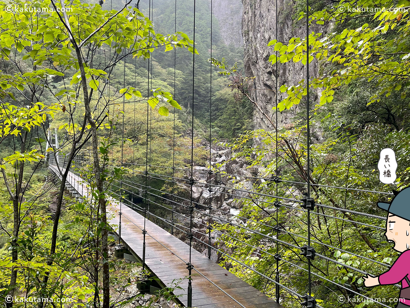 大杉谷の平等嵓吊橋の写真と登山者のイラスト