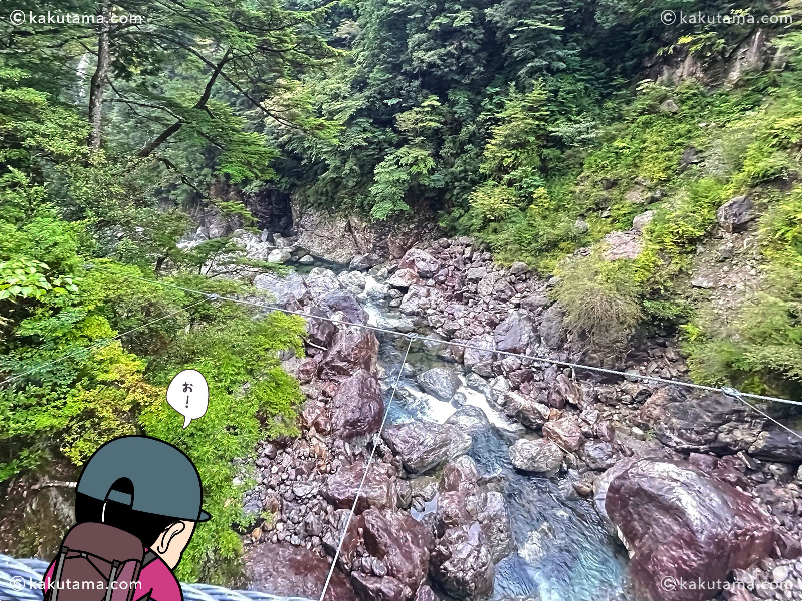 大杉谷の平等嵓吊橋から見下ろした川の写真と登山者のイラスト