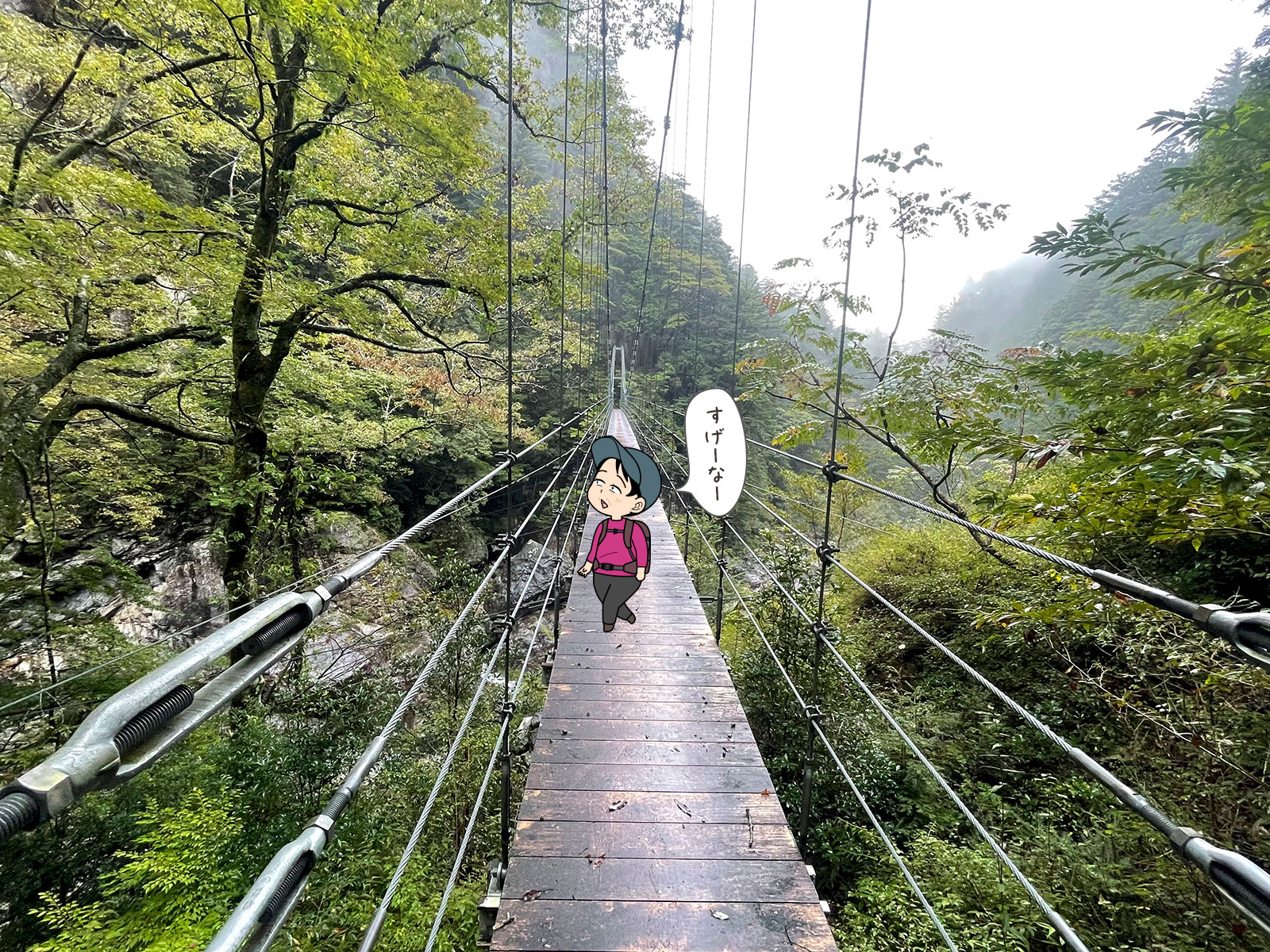 大杉谷の平等嵓吊橋の写真と登山者のイラスト