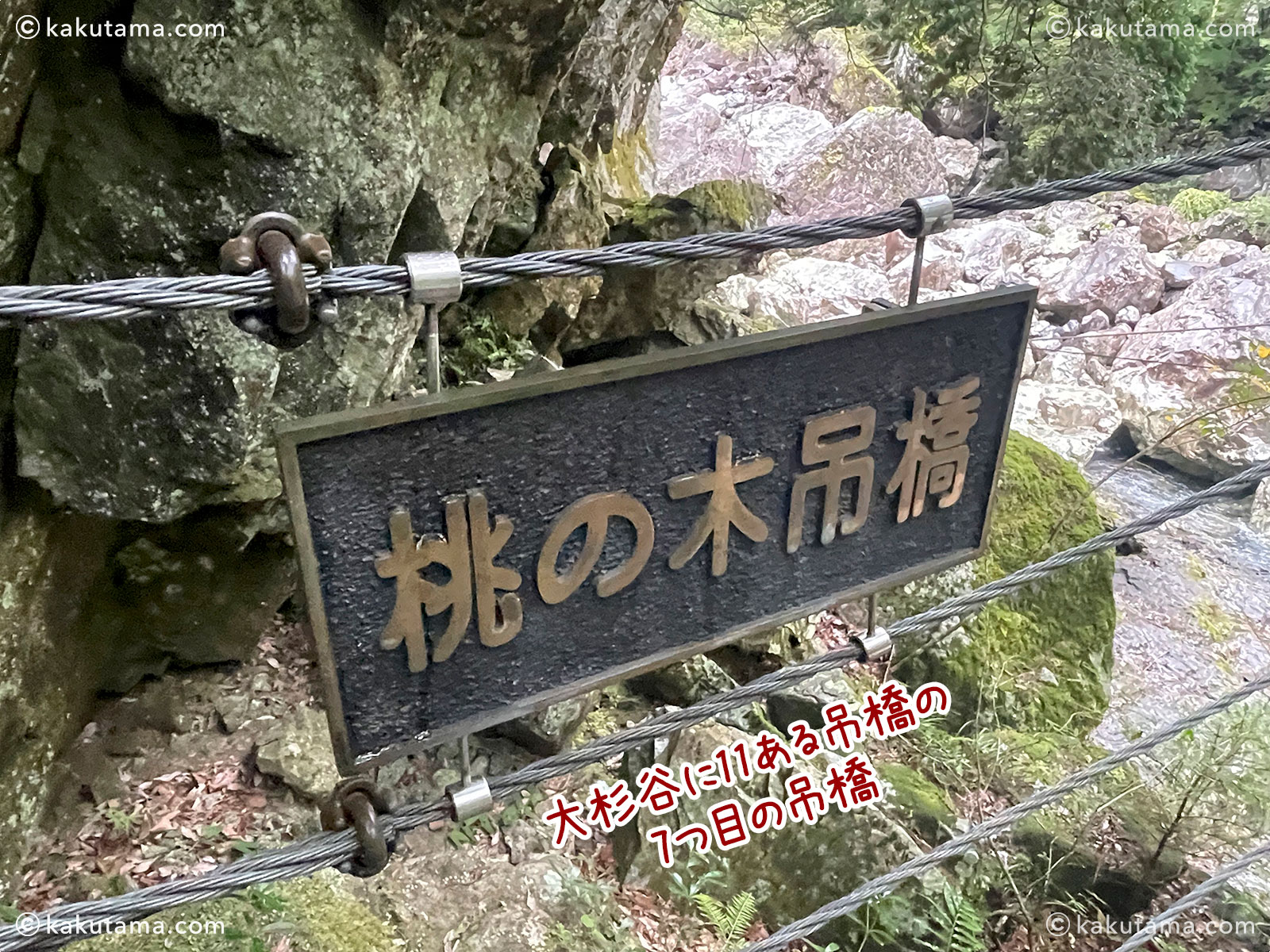 桃の木吊橋の写真と登山者のイラスト