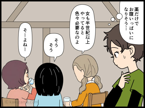 登山に備えて、健康系サプリを摂取するシニア登山者の4コマ漫画