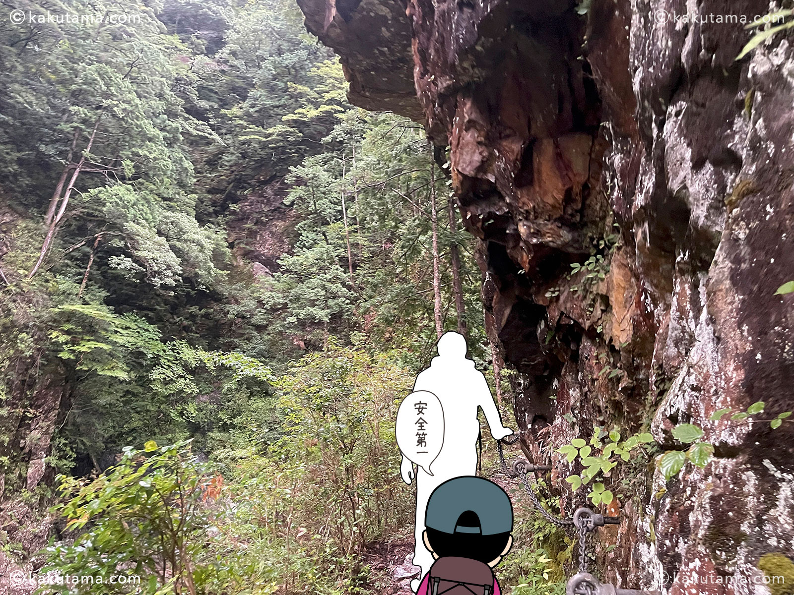 大杉谷、桃ノ木山の家を出てスグの鎖場の写真と登山者のイラスト