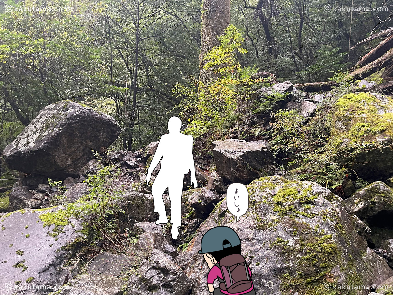 大杉谷、桃ノ木山の家から七ツ釜滝（ななつがまだき）への岩場の写真と登山者のイラスト