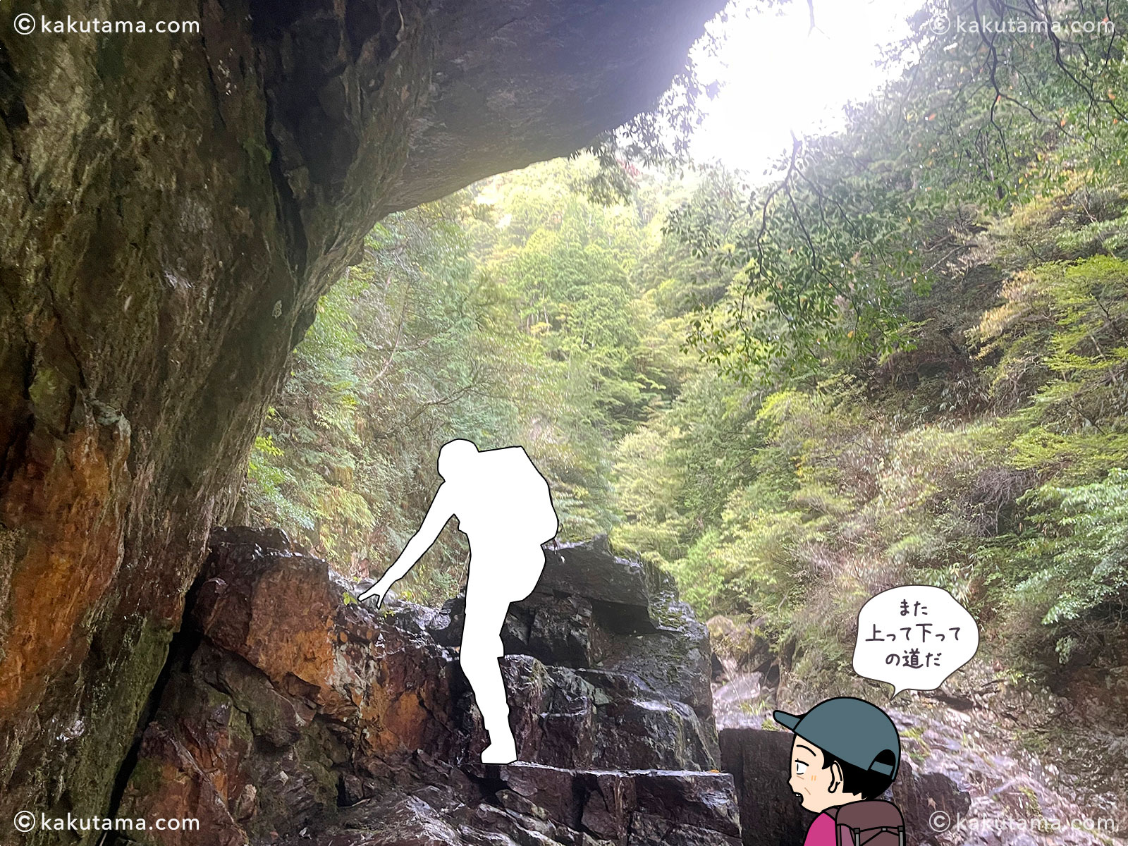 大杉谷・桃ノ木山の家から大台ケ原へ向かっての登山道の写真と登山者のイラスト