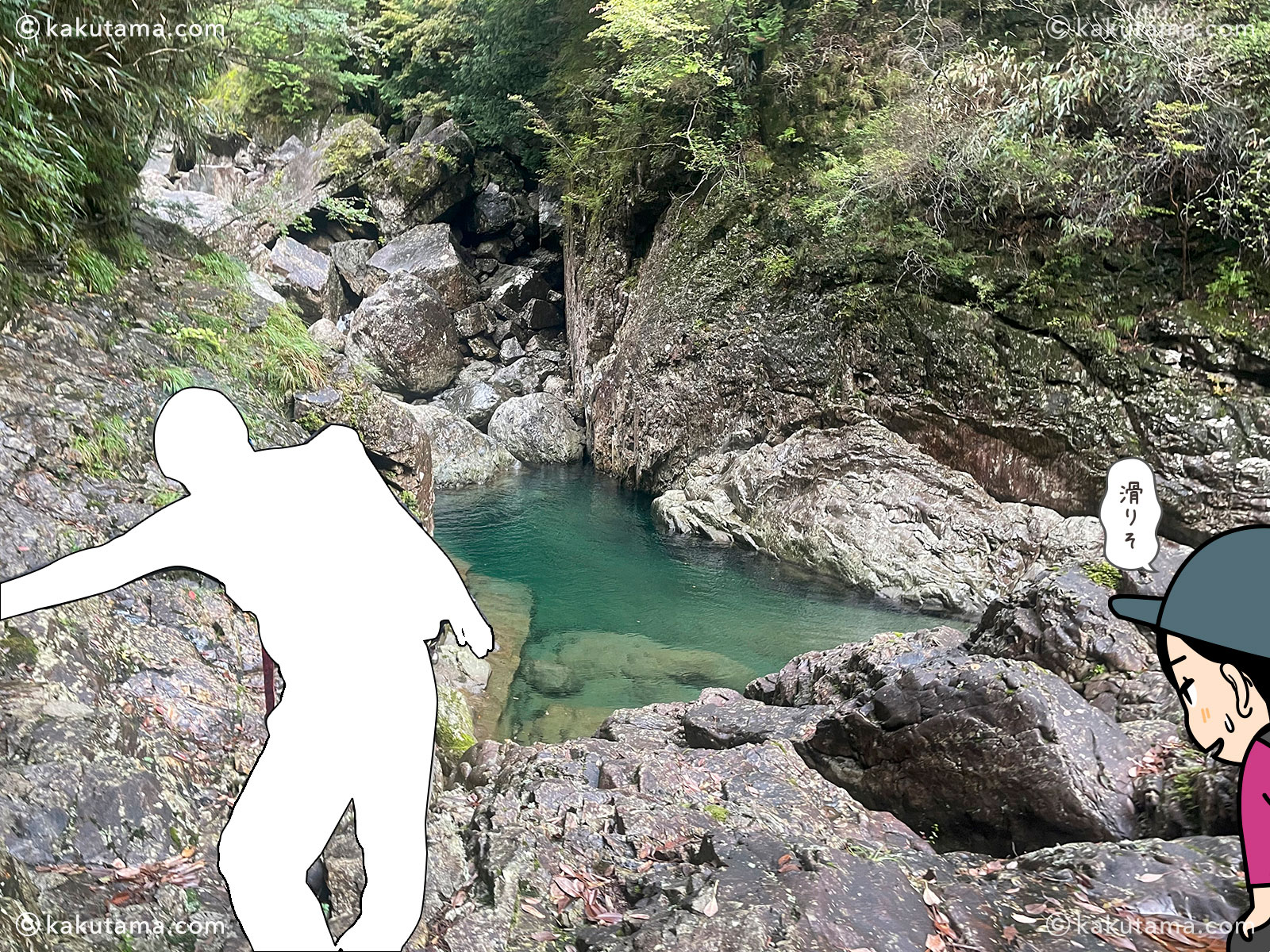 大杉谷・桃ノ木山の家から大台ケ原へ向かっての登山道の崩落地写真と登山者のイラスト