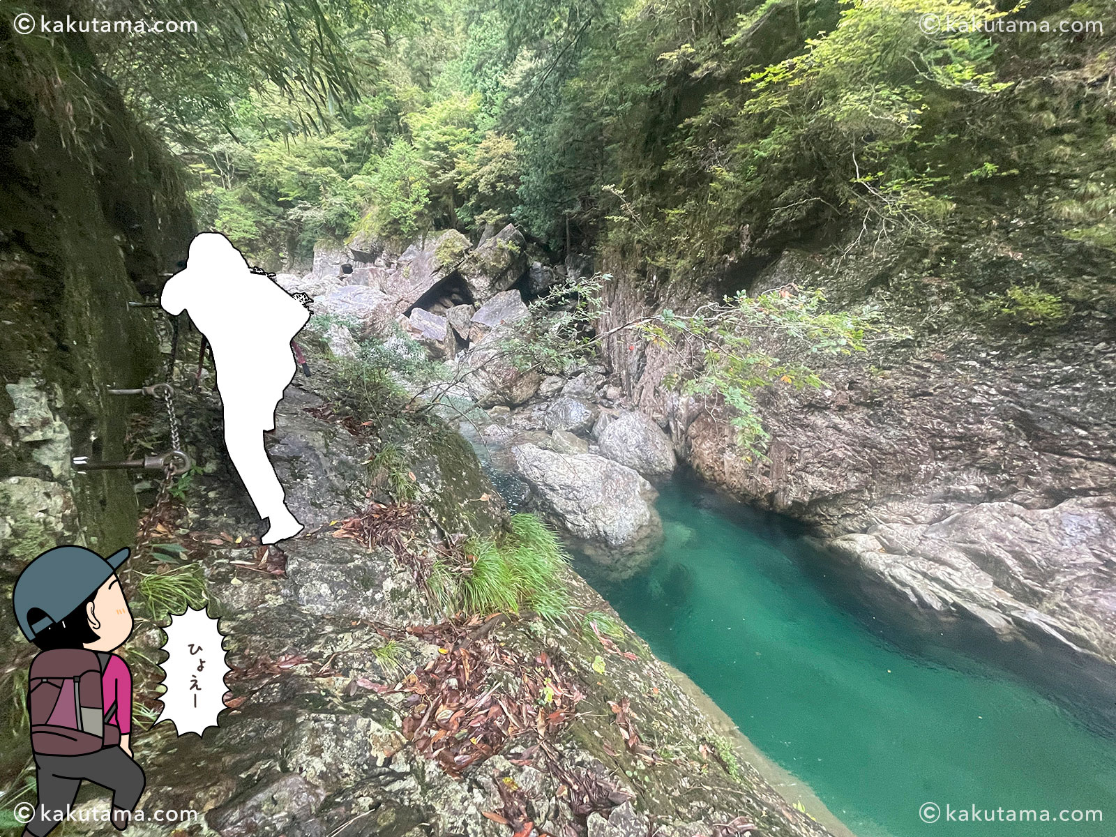 大杉谷〜大台ケ原への崩壊地の写真と登山者のイラスト
