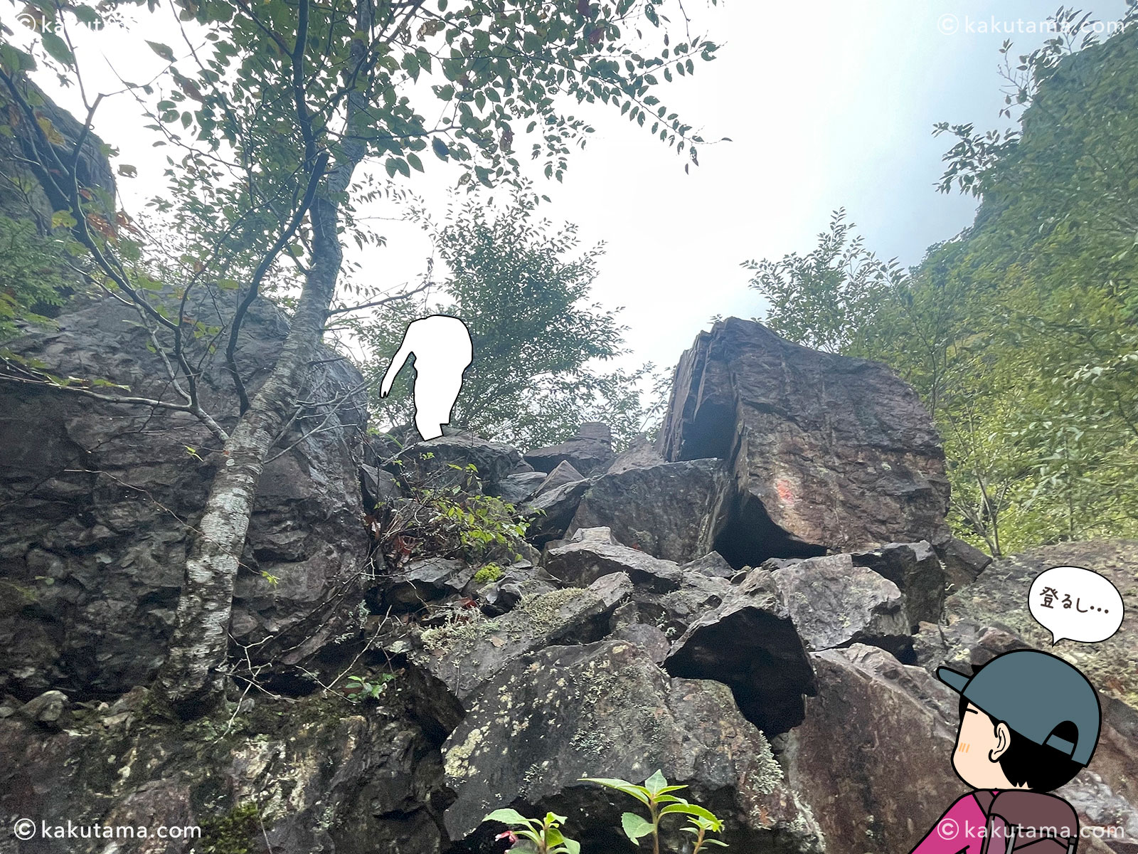 大杉谷〜大台ケ原への崩壊地の写真と登山者のイラスト