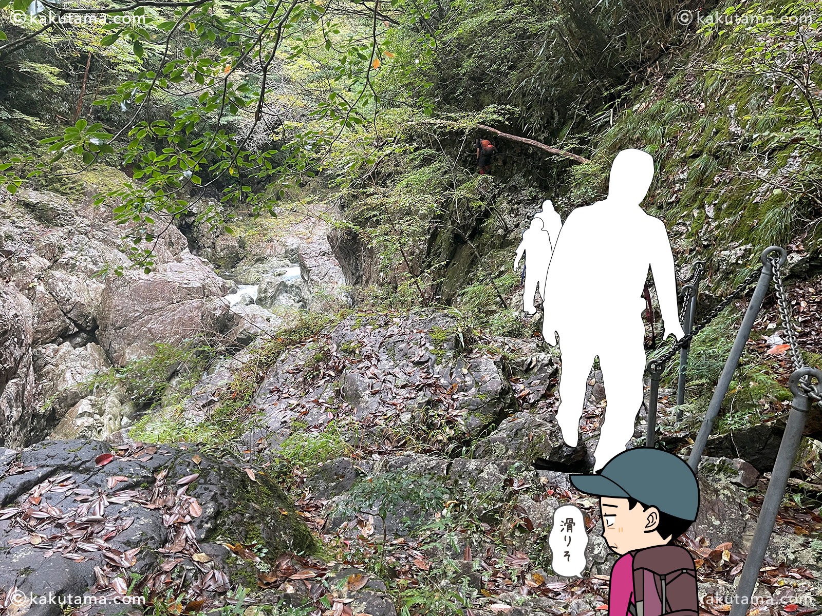 大杉谷から大台ケ原へ向かう途中の登山道の写真と登山者のイラスト