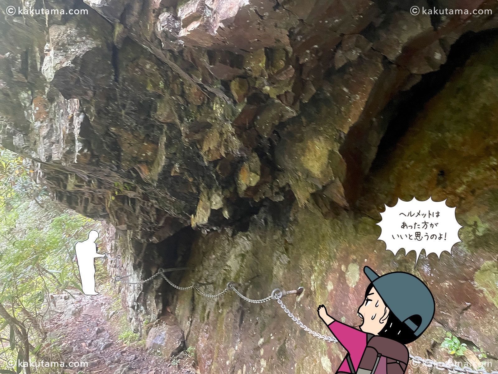 大杉谷から大台ケ原へ向かう途中の登山道の写真と登山者のイラスト