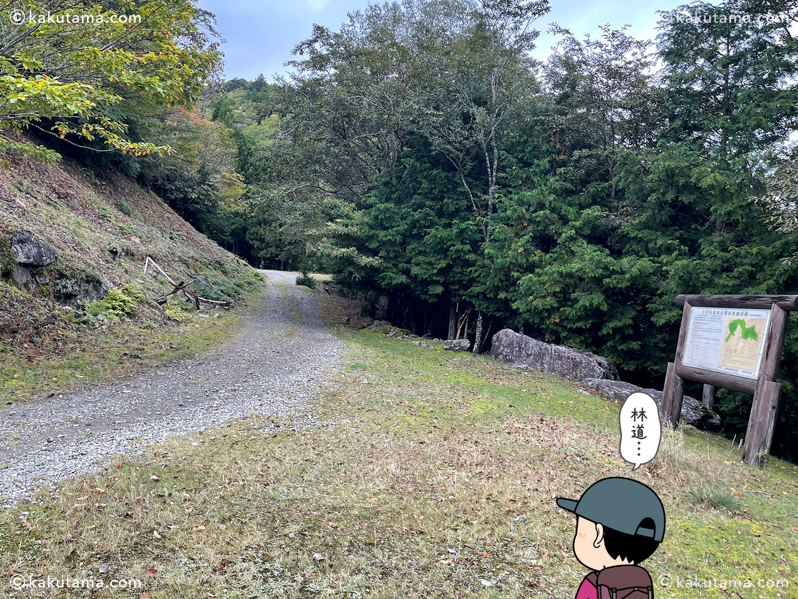 大杉谷の堂倉滝から大台ケ原へ向かっての登山道から林道に出た写真と登山者のイラスト