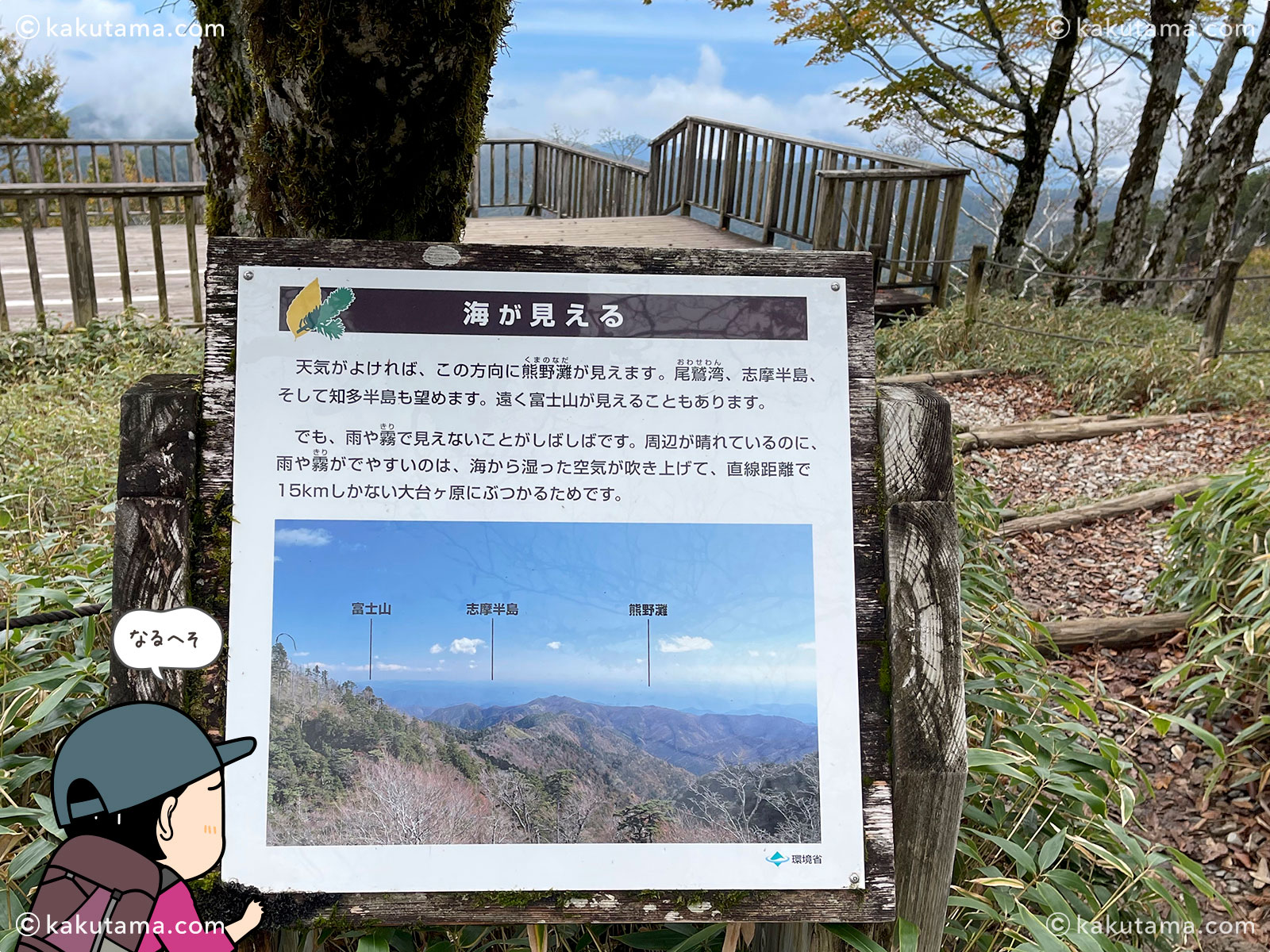 日出ヶ岳直下の展望台から熊野灘方向の写真と登山者のイラスト