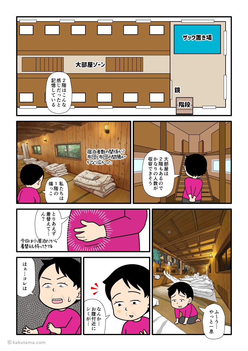 大杉谷・桃ノ木山の家にチェックインし、山小屋内を説明する登山者の漫画とイラスト