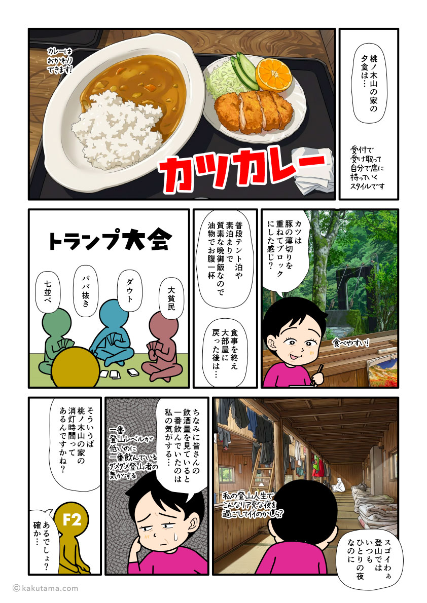 三重県・大杉谷の桃ノ木山の家の晩御飯を紹介する登山者の漫画とイラスト