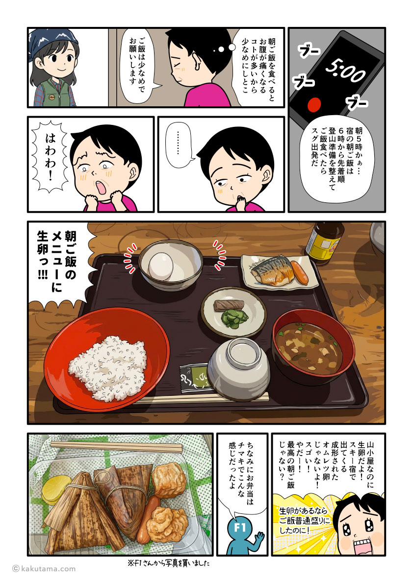 三重県・大杉谷の桃ノ木山の家の朝御飯を紹介する登山者の漫画とイラスト