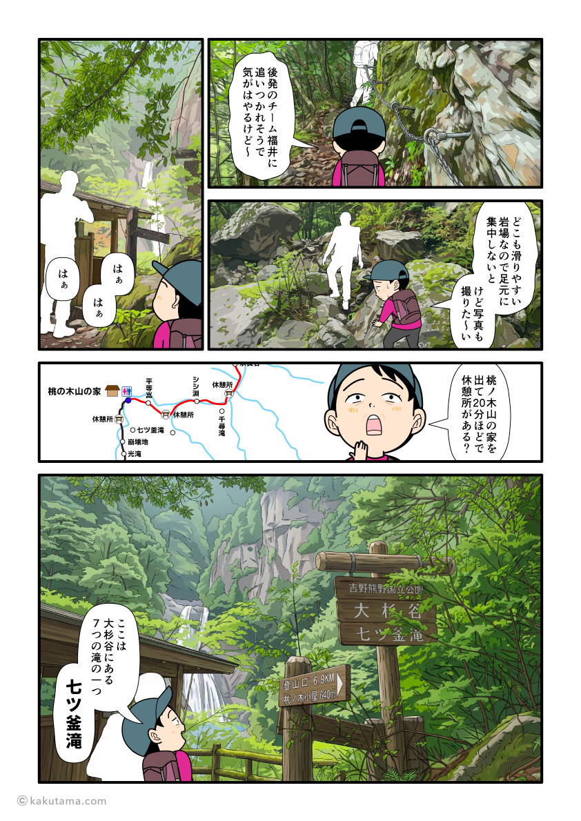 大杉谷・桃ノ木山の家を出発し、七ツ釜滝（ななつがまだき）に到着した登山者の漫画とイラスト