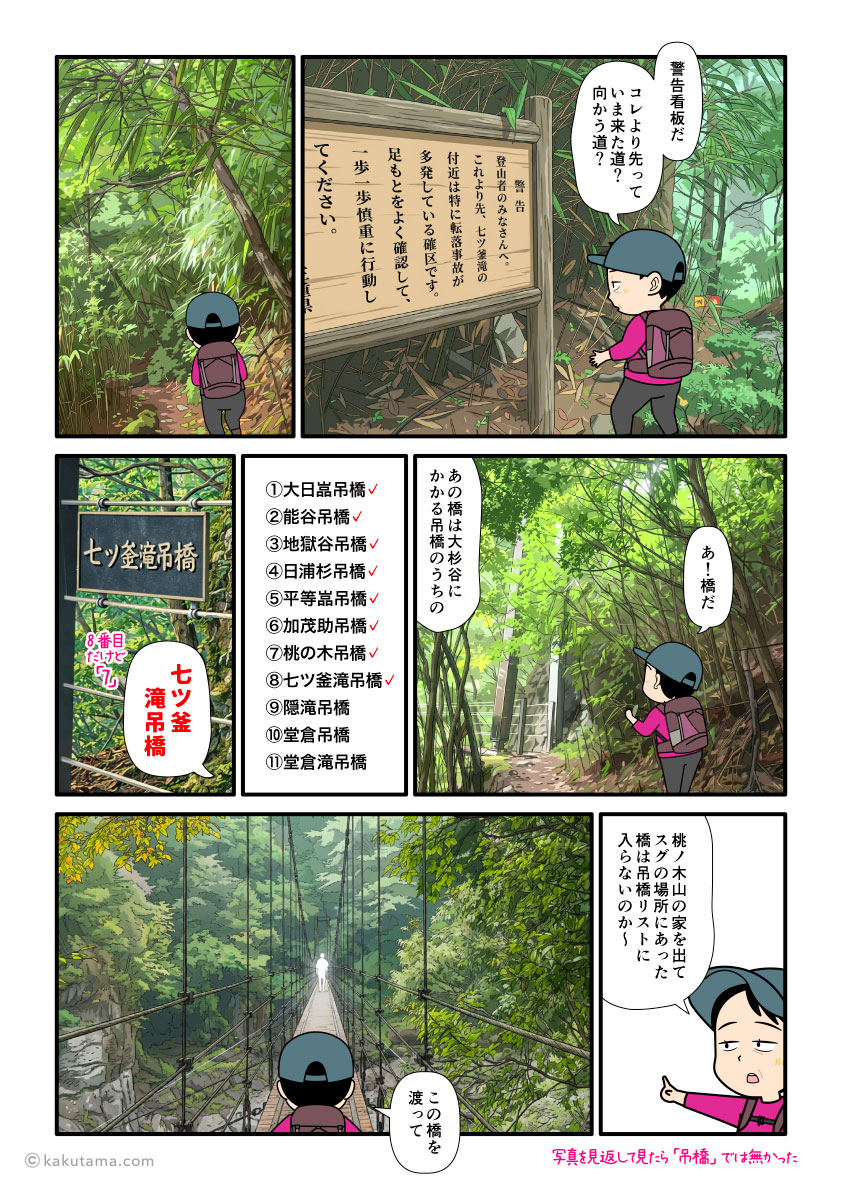 大杉谷・桃ノ木山の家から大台ケ原へ向かって歩き七ツ釜滝吊橋に着いた登山者の漫画とイラスト