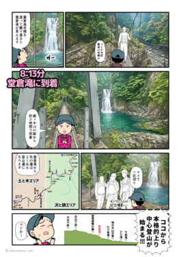 大杉谷・堂倉滝に到着し、これから大台ケ原を目指す登山者の漫画とイラスト