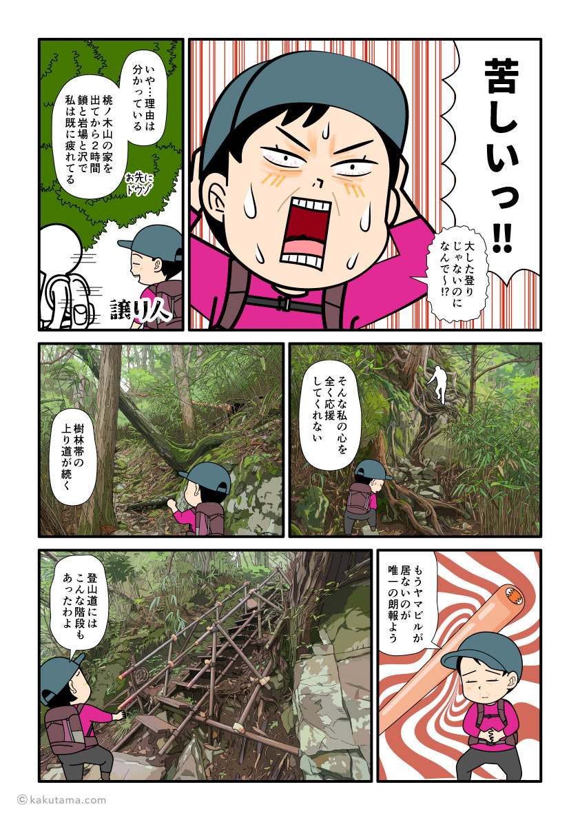 歩くのが早い登山仲間には先に行ってもらって、マイペースで堂倉滝から大台ケ原へ向かって上り始める登山者の漫画とイラスト