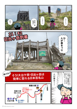 日本百名山の大台ケ原・日出ヶ岳に到着した登山者の漫画とイラスト