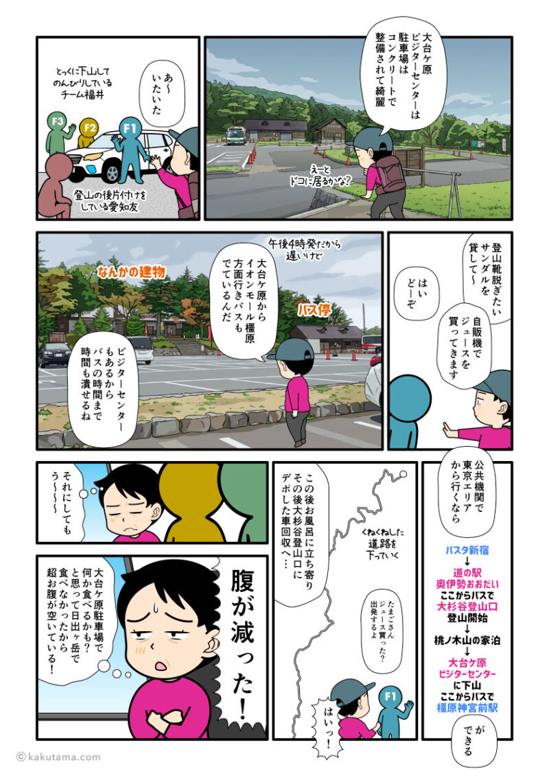 大杉谷から大台ケ原まで縦走し、無事下山し終えた登山者の漫画とイラスト