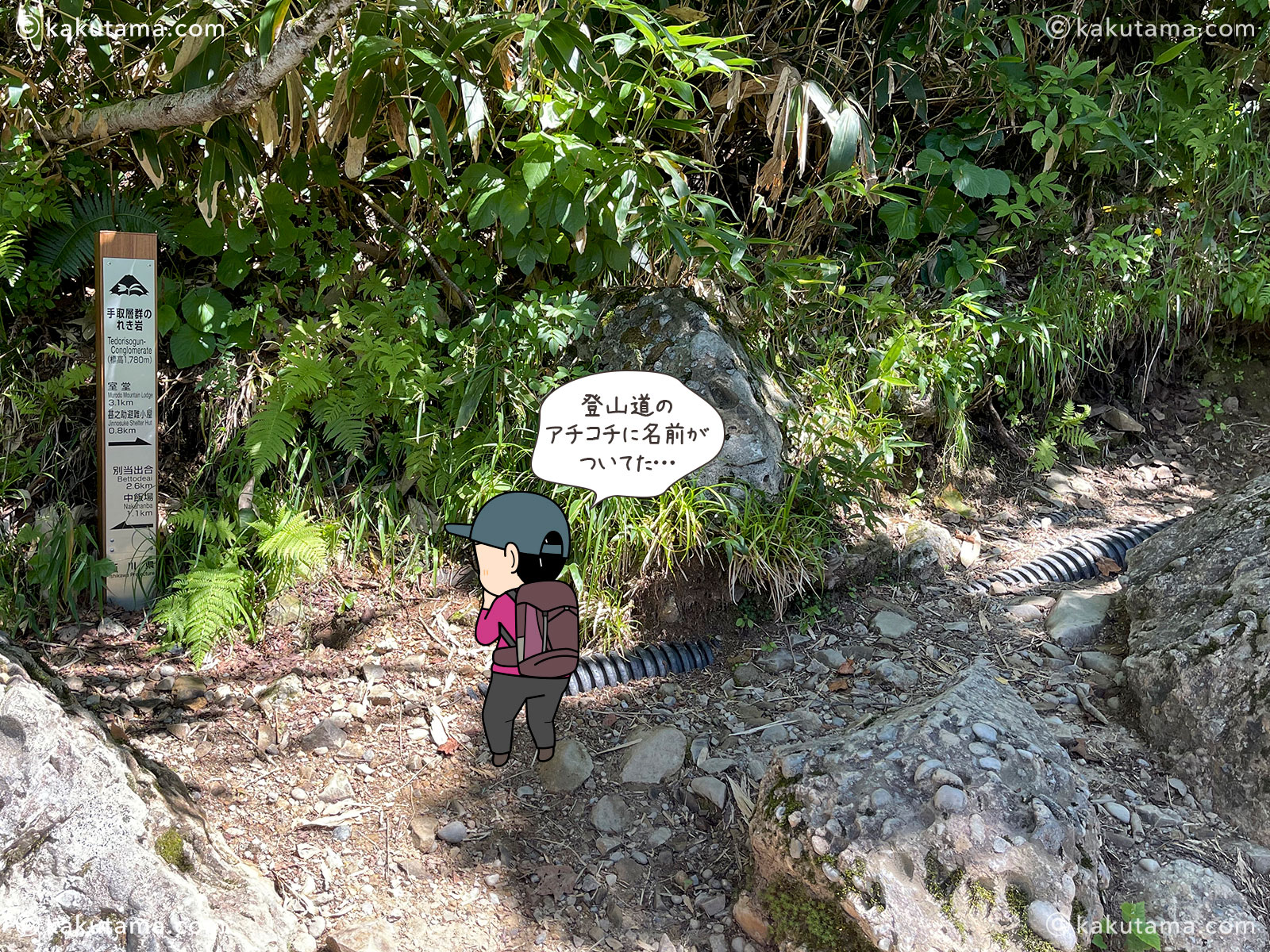 白山、砂坊新道の道標の写真と登山者のイラスト