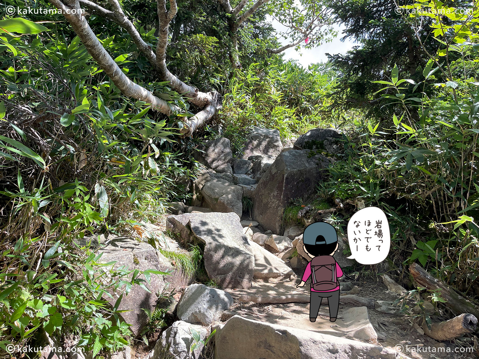 白山、砂坊新道の写真と登山者のイラスト